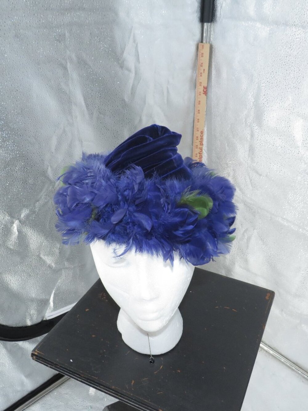 Vintage Luci Puci Blue Velvet Feather Pillbox Hat Size 22 -60s Church Fascinator
